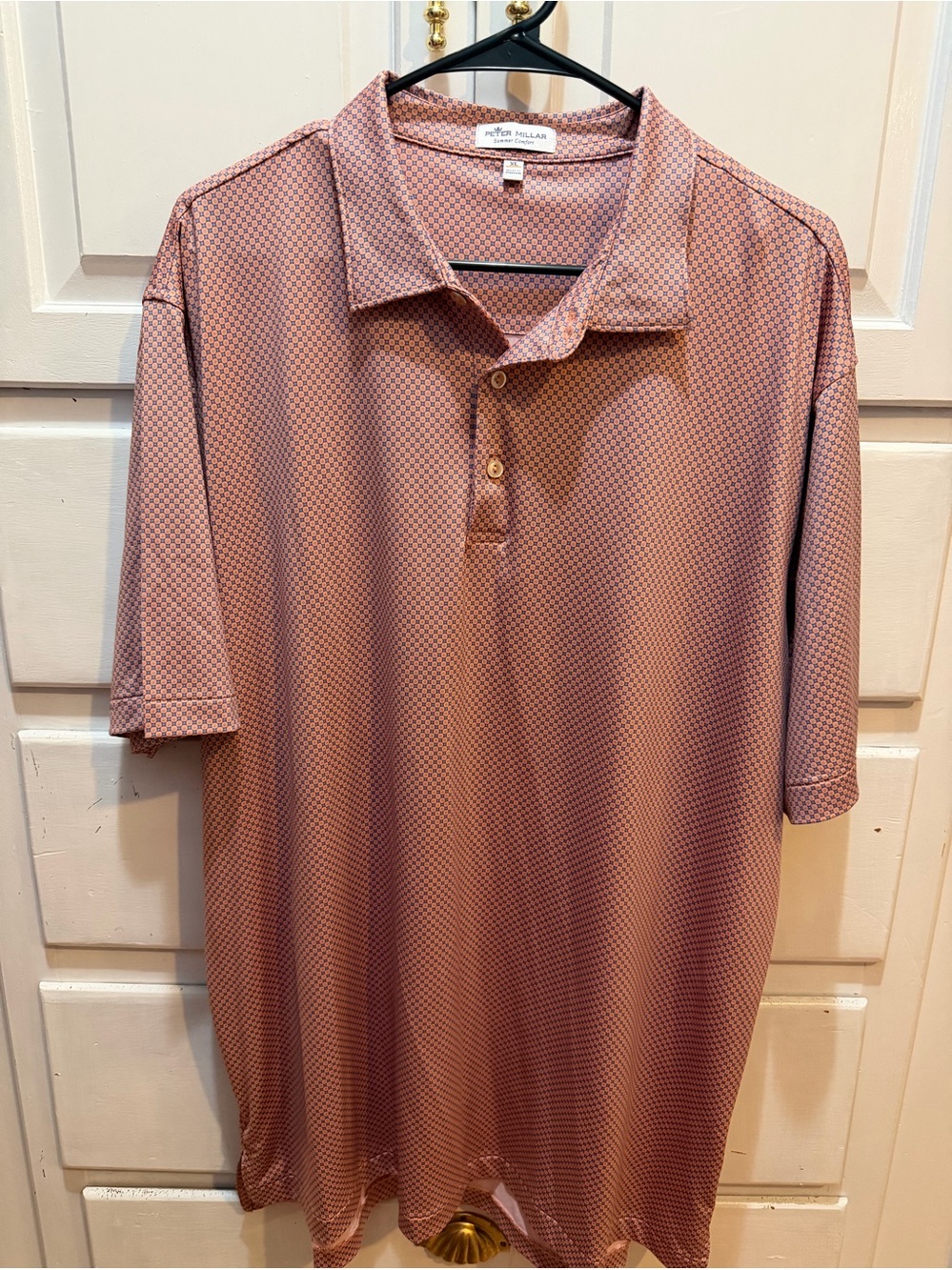Peter Millar Summer Comfort Men’s Polo XL Orange Blue Geometric Short Sleeve